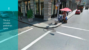 An image showing a sidewalk, with the text this is a complex pedestrian space.